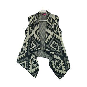 NWT Say What Womens Open Sweater Cardigan Black‎ Beige M Vest Aztec Tribal, EUC